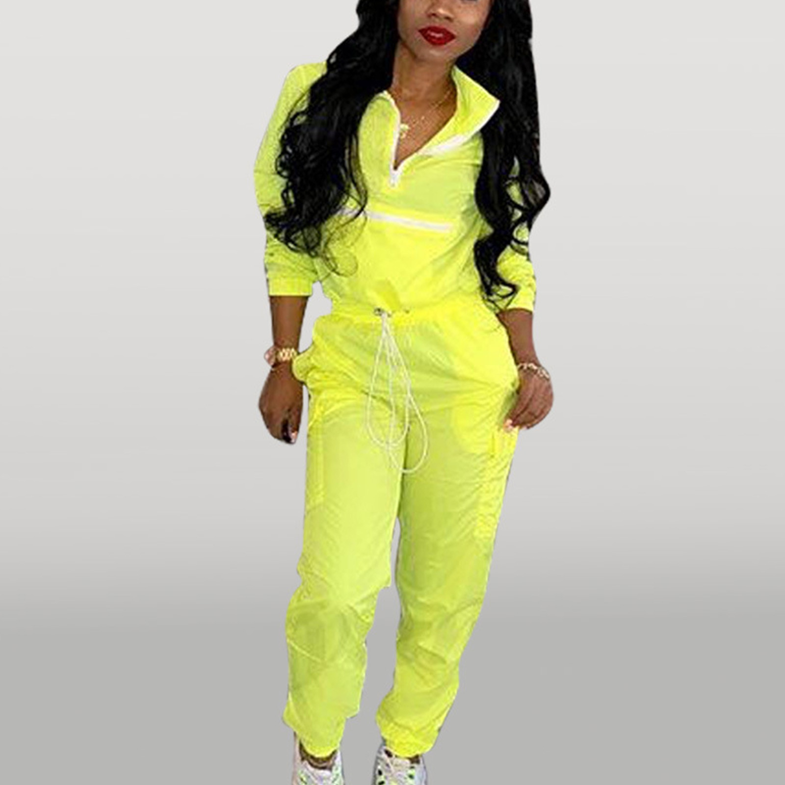 Wyongtao Women Two Pieces Outfits Half Zip Lapel Collar Long Sleeve Sweatshirt Jogger Pants Tracksuit Sets,Yellow XL